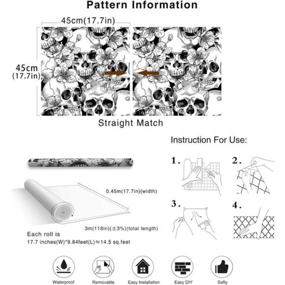 2 Rolls Black and White Sugar Skull Floral Wallpaper 17.7IN x 9.8FT - Picture 7 of 7